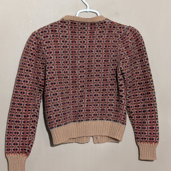 Vintage Puff Sleeve 100% Shetland Wool Cardigan, Size:Small, Color:Tan,Red&Blue - Picture 2 of 9